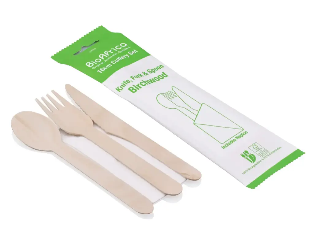 PICNIC SET: 16cm BioAfrica - Birchwood Knife, Fork & Spoon with Napkin